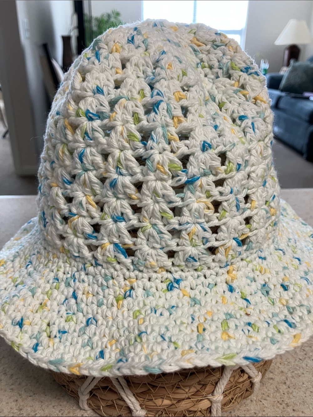 Handmade White Crochet Sun Hat with Pastel Speckles
